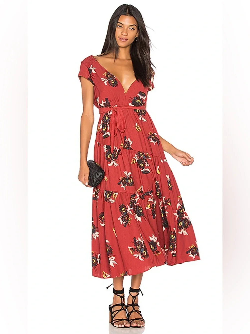 Free People All I Got Printed Maxi Dress Red Floral Tie Waist NWT 0